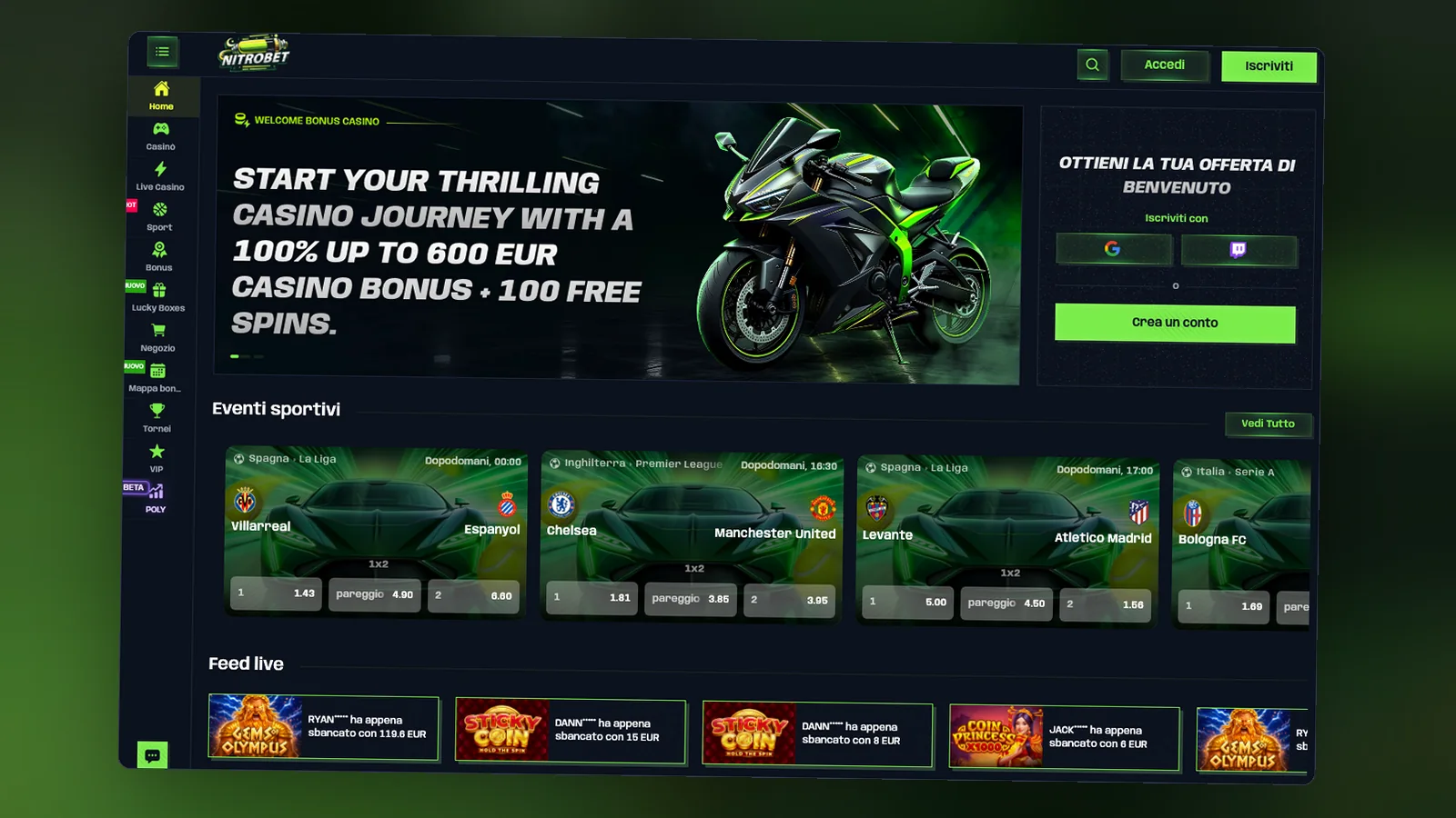 La home di Nitrobet come appare da browser, punto di partenza se manca un'app dichiarata.