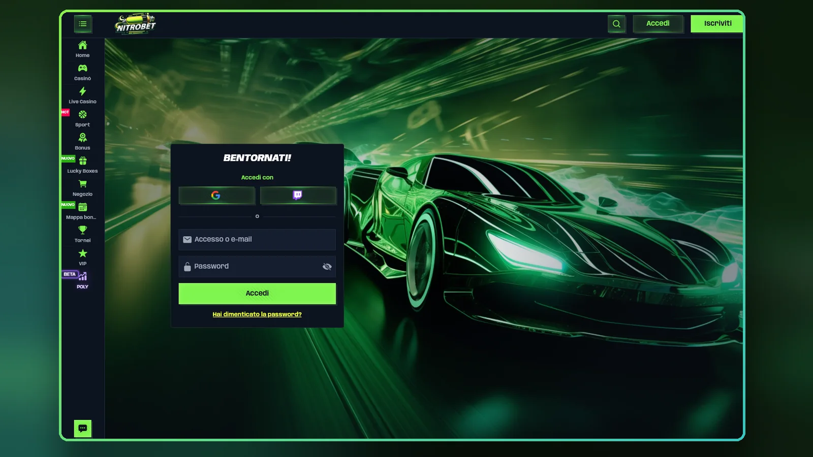 La sezione sport di Nitrobet, da aprire dal browser del telefono.
