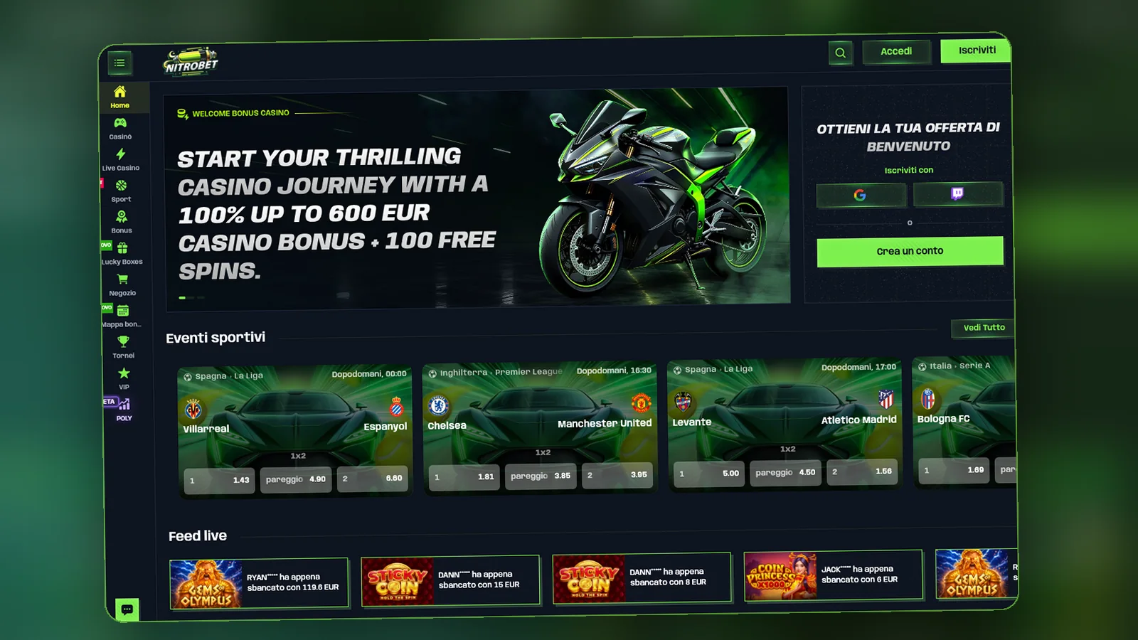 Una schermata del casinò Nitrobet con la lobby dei giochi e il bonus in evidenza.